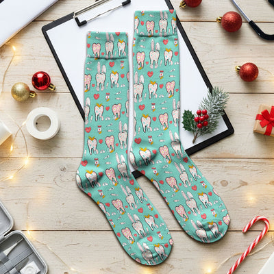 Playful Bunny Dentist Illustration Medical Socks, Adult Socks for Men and Women