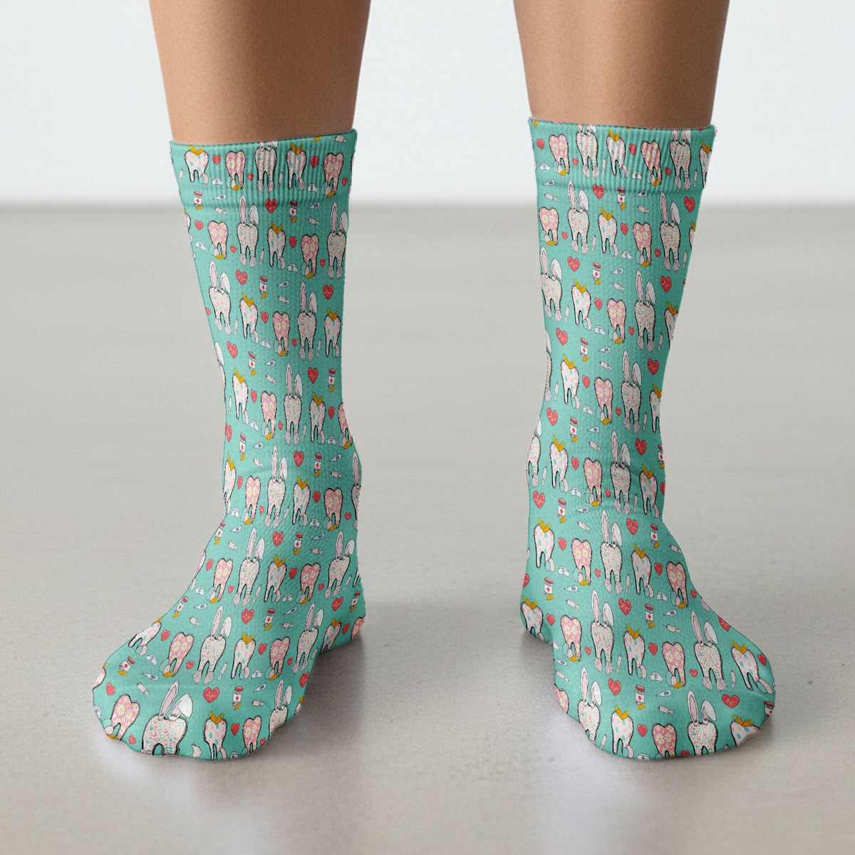 Playful Bunny Dentist Illustration Medical Socks, Adult Socks for Men and Women
