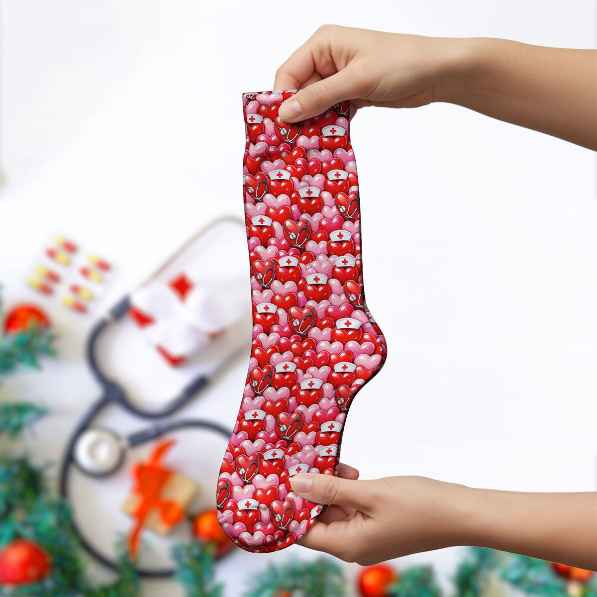 Valentine Pattern Nurse Scrub Socks, Heart With Stethoscope Love Medical Sock For Women, Breathable Fabrics Nursing Uniform