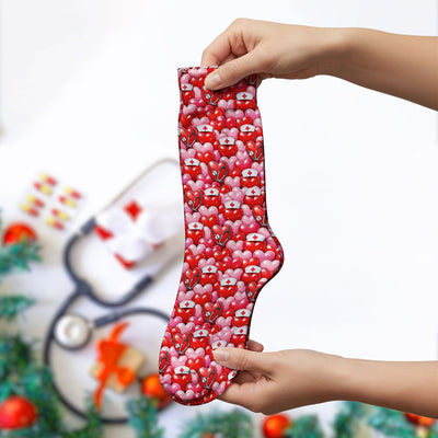 Valentine Pattern Nurse Scrub Socks, Heart With Stethoscope Love Medical Sock For Women, Breathable Fabrics Nursing Uniform