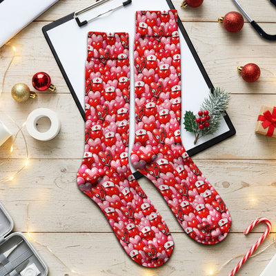 Valentine Pattern Nurse Scrub Socks, Heart With Stethoscope Love Medical Sock For Women, Breathable Fabrics Nursing Uniform