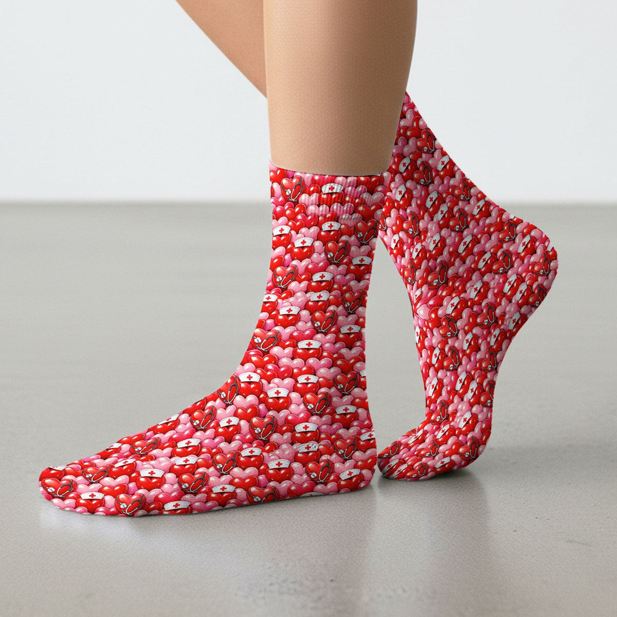 Valentine Pattern Nurse Scrub Socks, Heart With Stethoscope Love Medical Sock For Women, Breathable Fabrics Nursing Uniform