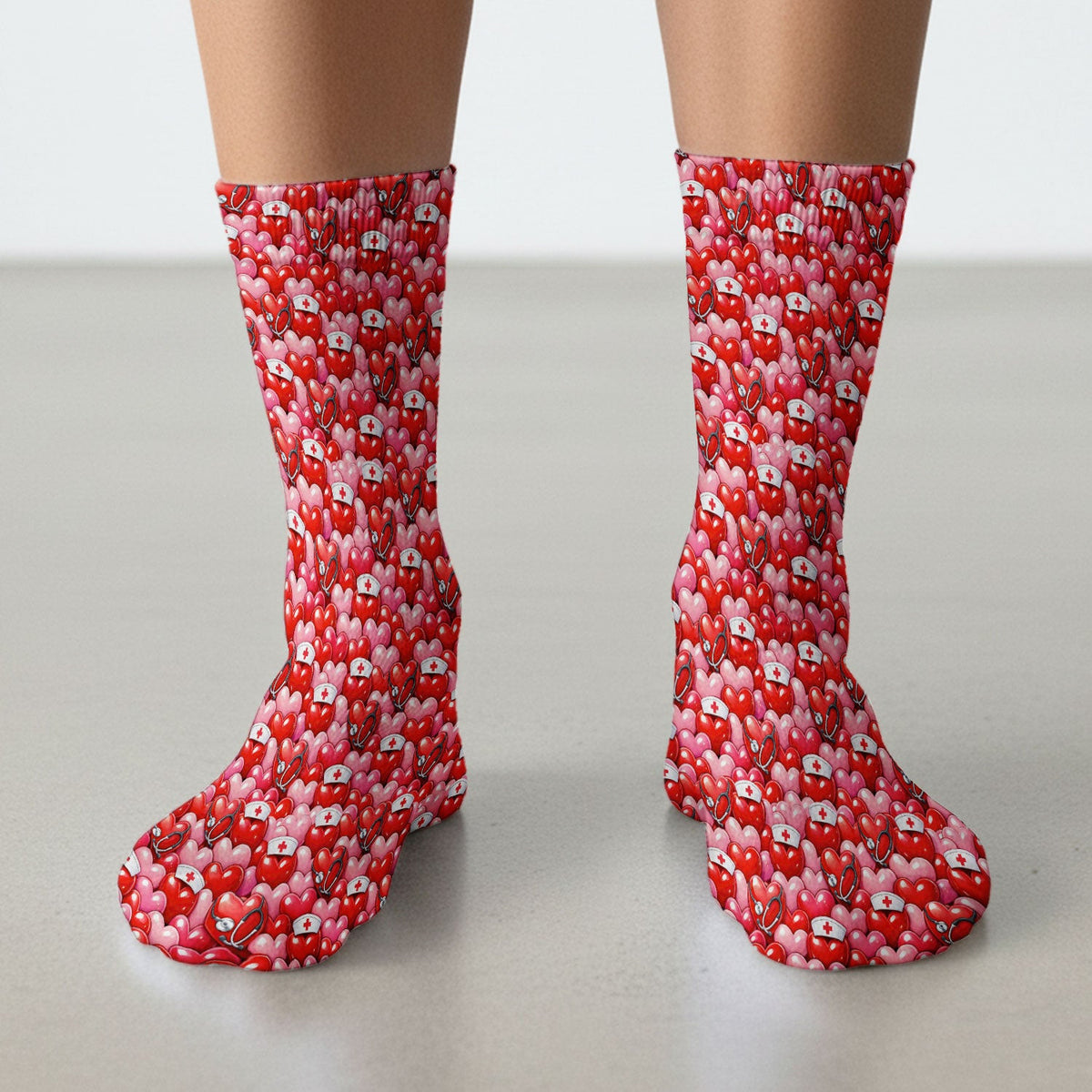 Valentine Pattern Nurse Scrub Socks, Heart With Stethoscope Love Medical Sock For Women, Breathable Fabrics Nursing Uniform