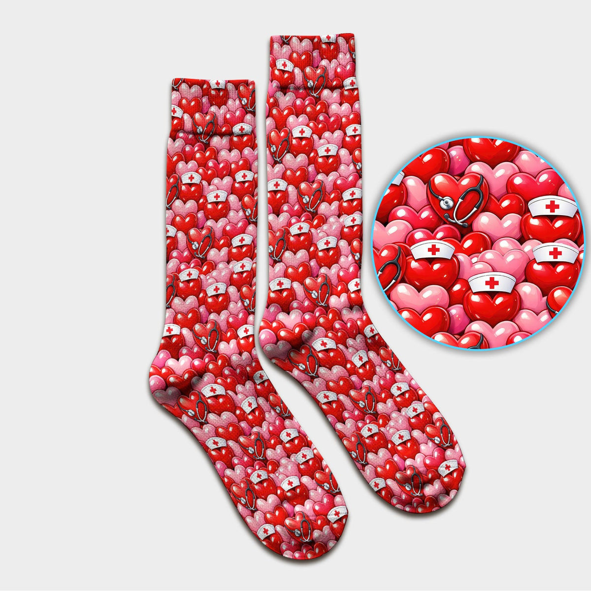 Valentine Pattern Nurse Scrub Socks, Heart With Stethoscope Love Medical Sock For Women, Breathable Fabrics Nursing Uniform