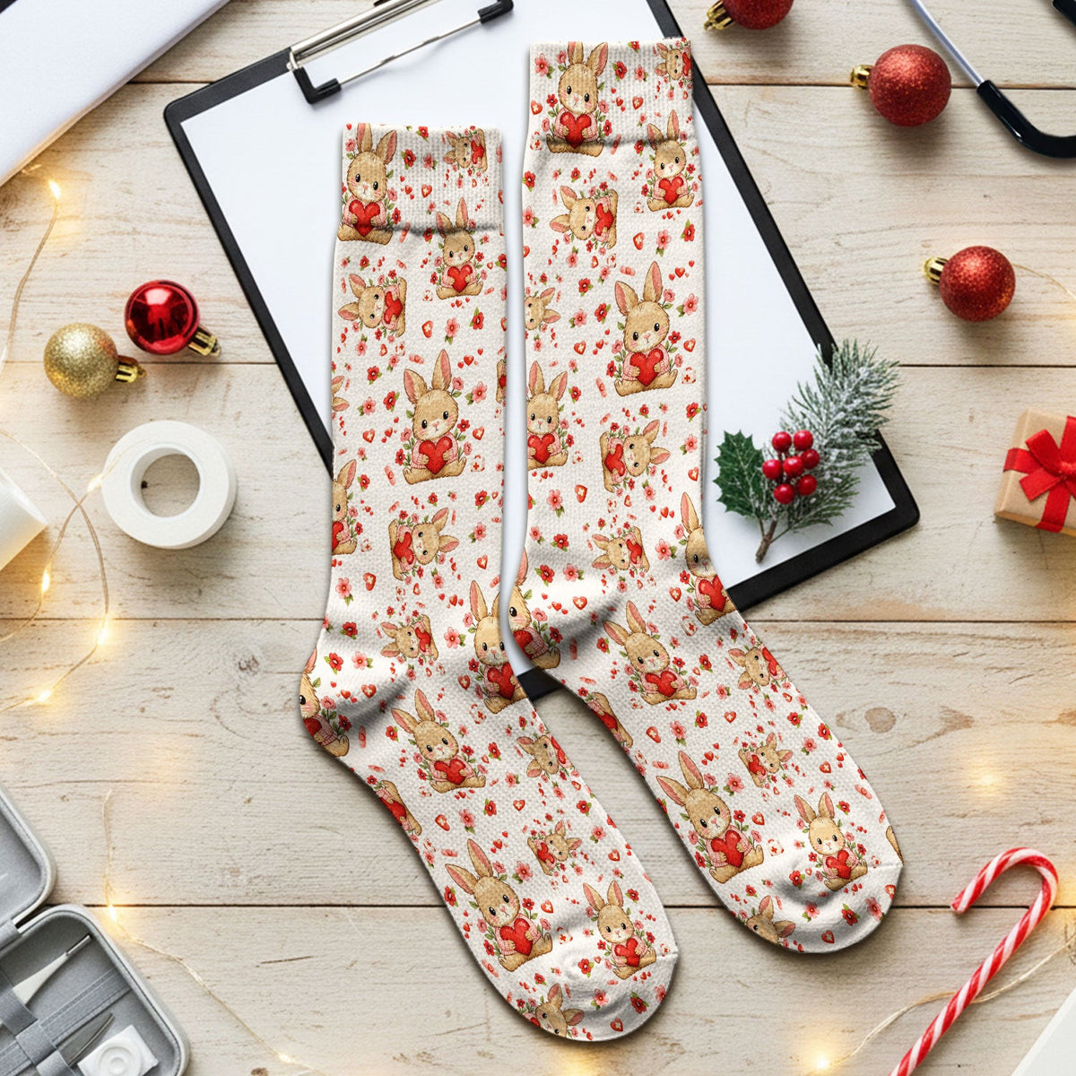 Adorable Bunny Heart Healthcare Design Socks, Adult Socks for Men and Women