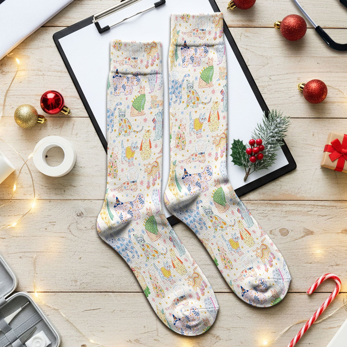 Colorful Pastel Cartoon Cats Print Socks, Breathable Fabrics Medical Uniform