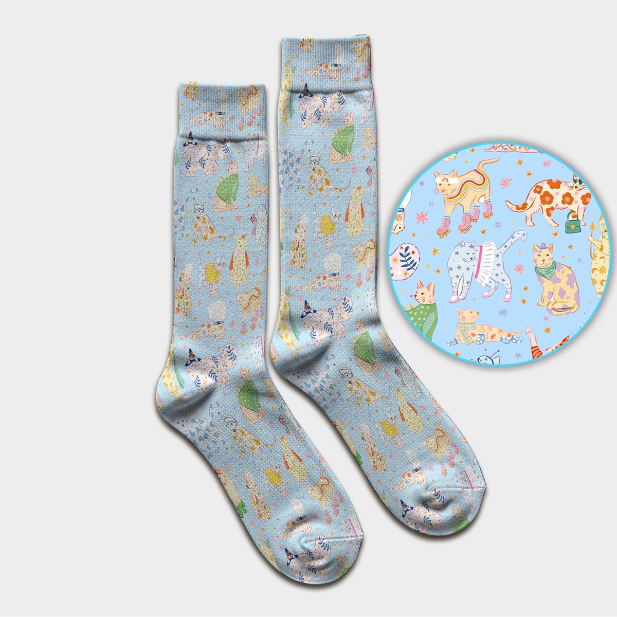 Colorful Pastel Cartoon Cats Print Socks, Breathable Fabrics Medical Uniform