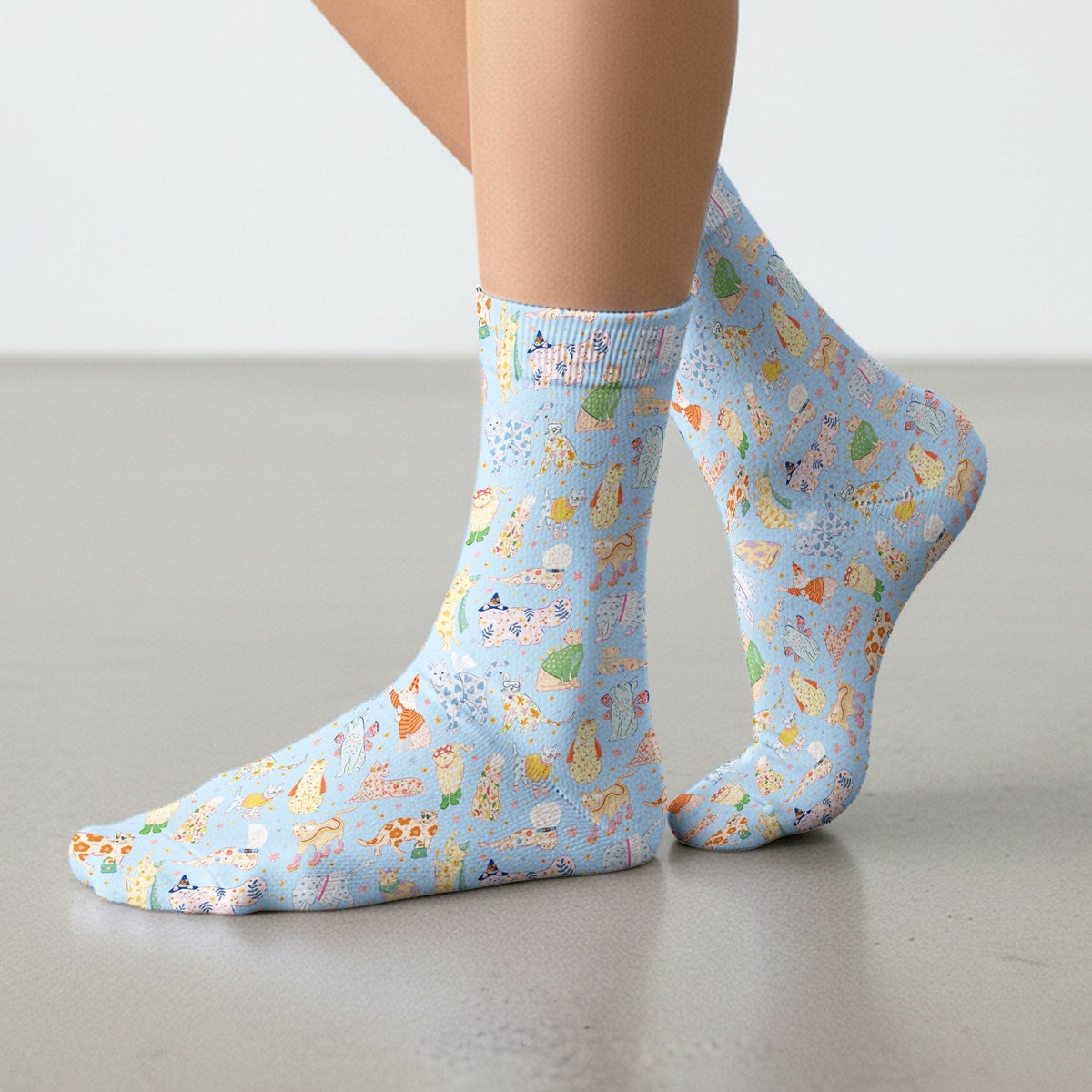 Colorful Pastel Cartoon Cats Print Socks, Breathable Fabrics Medical Uniform