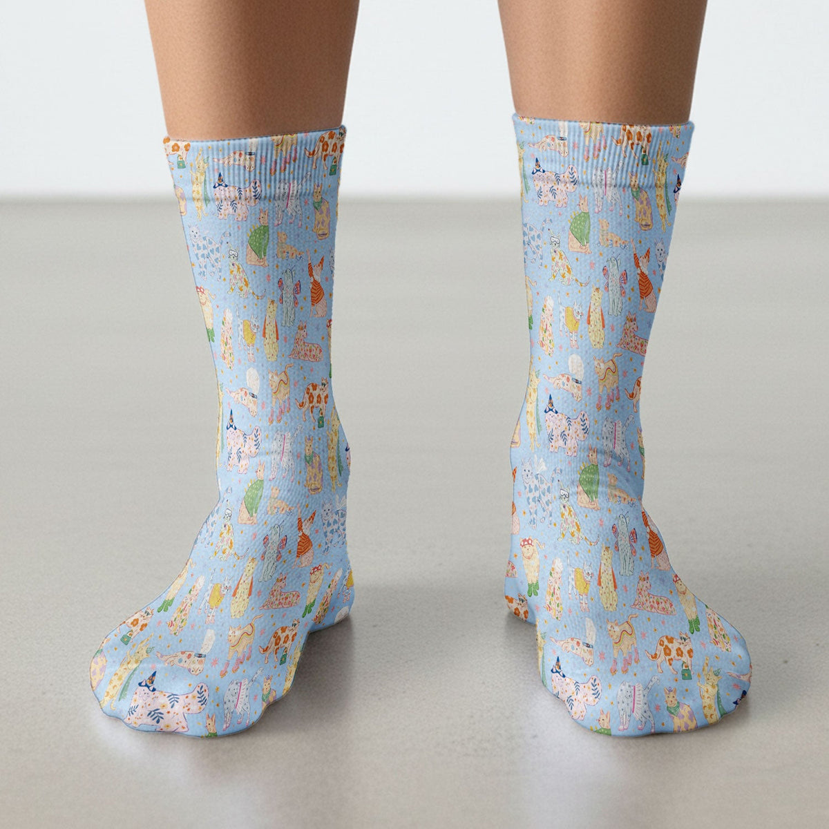 Colorful Pastel Cartoon Cats Print Socks, Breathable Fabrics Medical Uniform