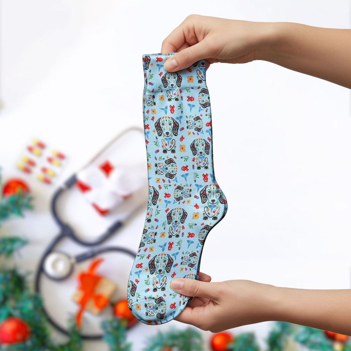 Dachshund Medical Icon Pattern Socks, Socks for Nurse Doctor