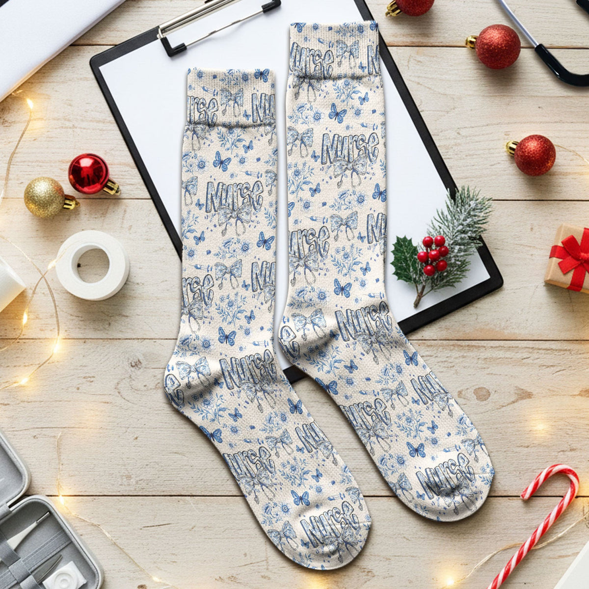 Blue Nurse Bow Floral Butterfly Pattern Socks, Breathable Fabrics Medical Uniform