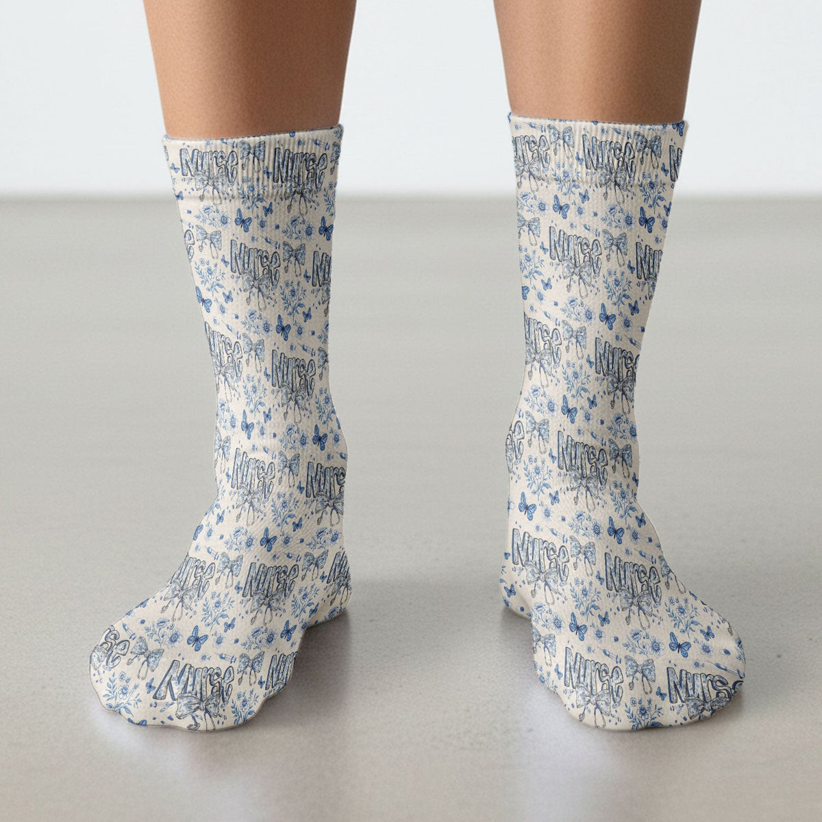 Blue Nurse Bow Floral Butterfly Pattern Socks, Breathable Fabrics Medical Uniform