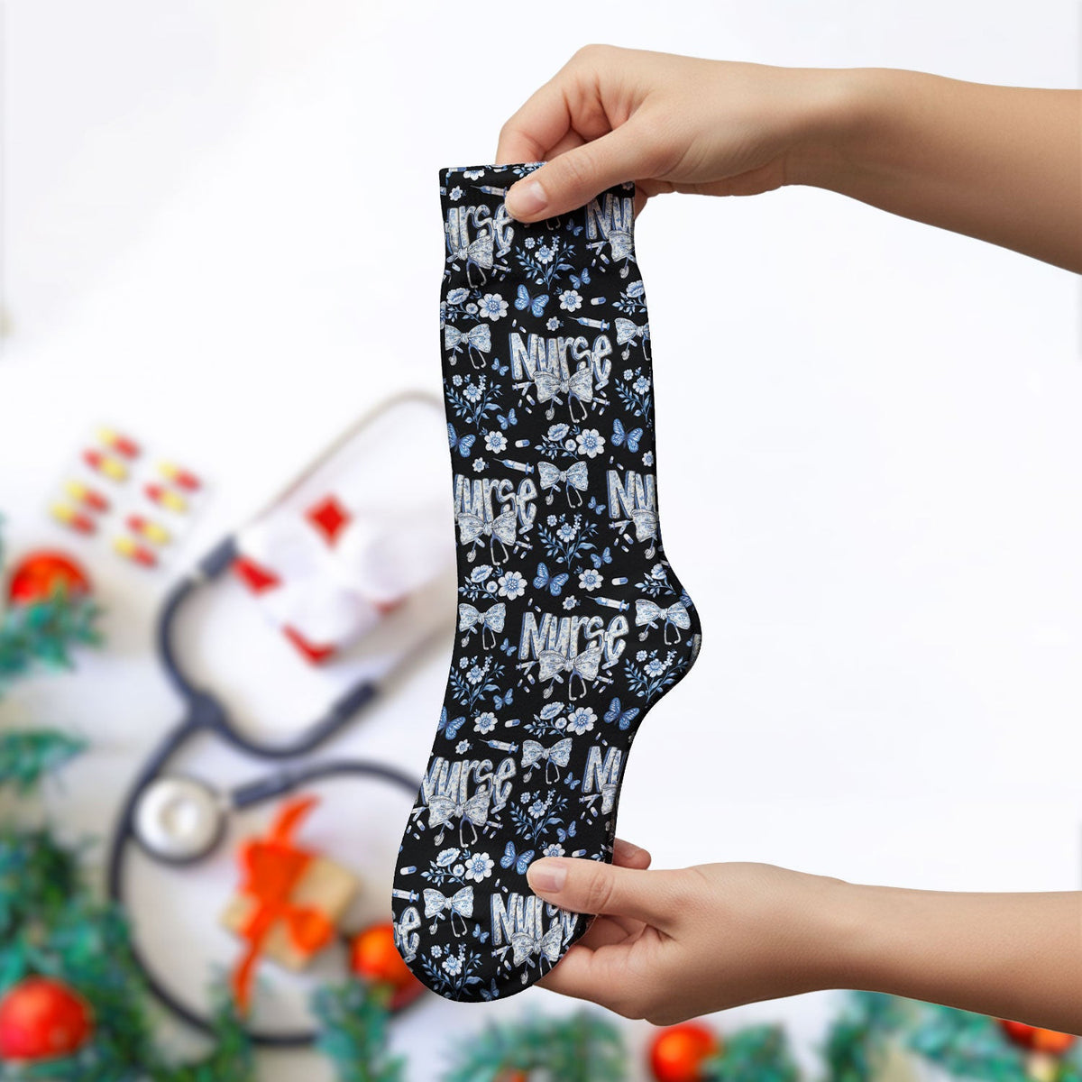 Blue Nurse Bow Floral Butterfly Pattern Socks, Breathable Fabrics Medical Uniform