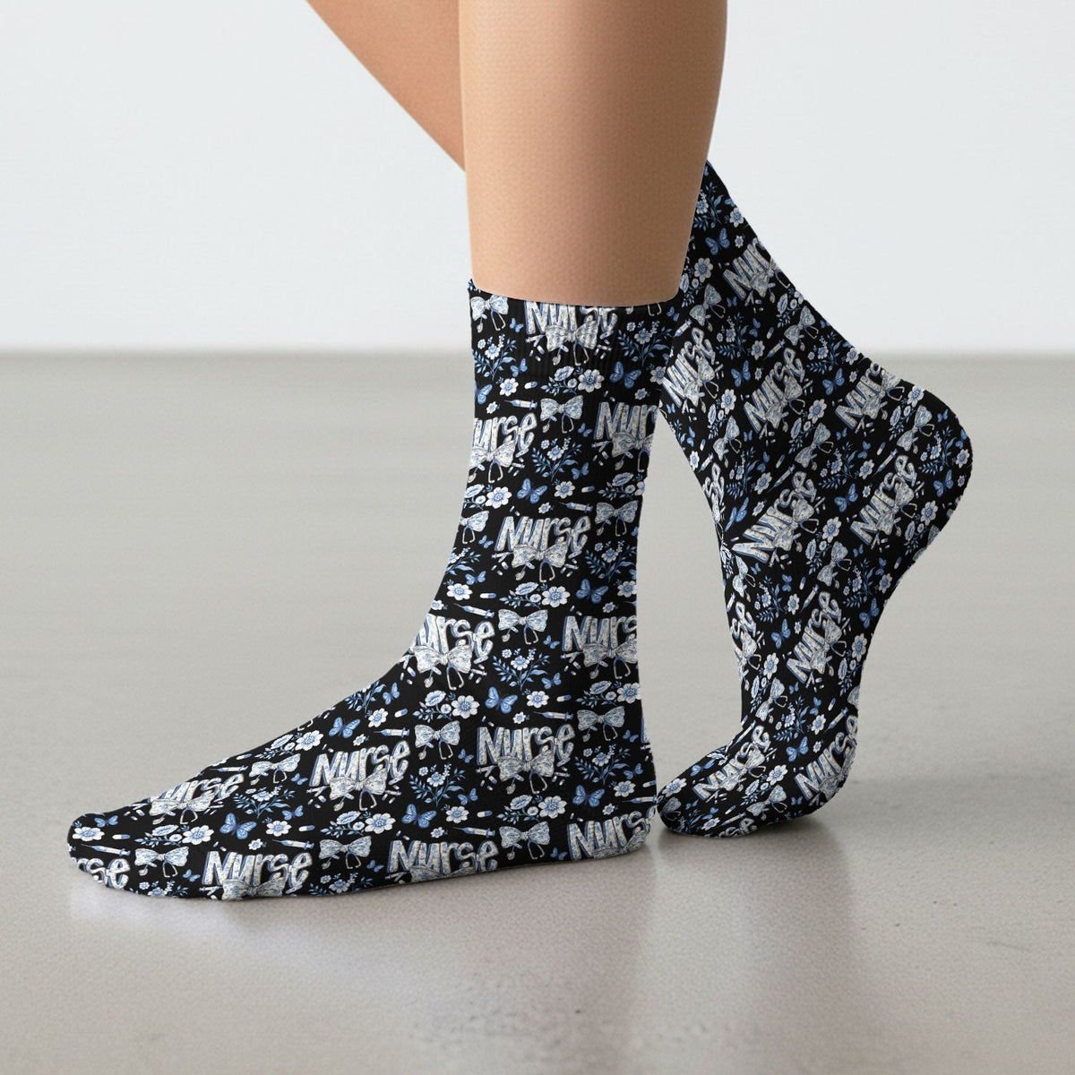 Blue Nurse Bow Floral Butterfly Pattern Socks, Breathable Fabrics Medical Uniform