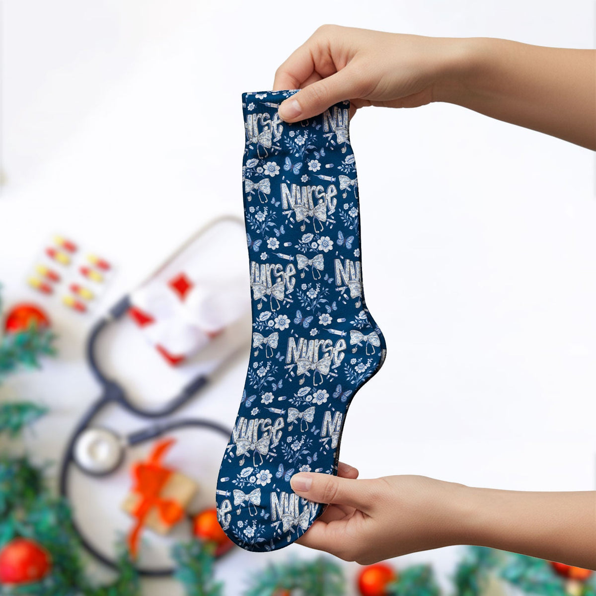Blue Nurse Bow Floral Butterfly Pattern Socks, Breathable Fabrics Medical Uniform