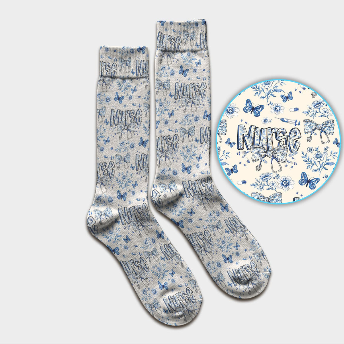 Blue Nurse Bow Floral Butterfly Pattern Socks, Breathable Fabrics Medical Uniform