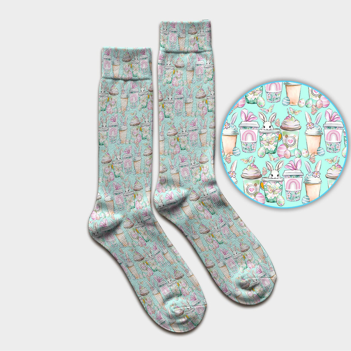 Cute Easter Bunny Coffee Cup Pattern Socks, Adult Socks for Men and Women