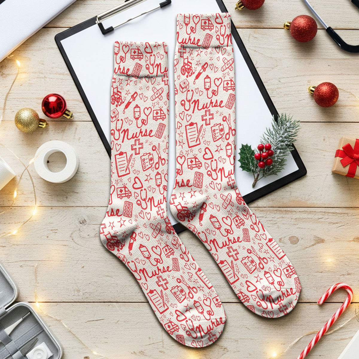 Cute Nurse Heart Medical Pattern Socks, Breathable Fabrics Medical Uniform