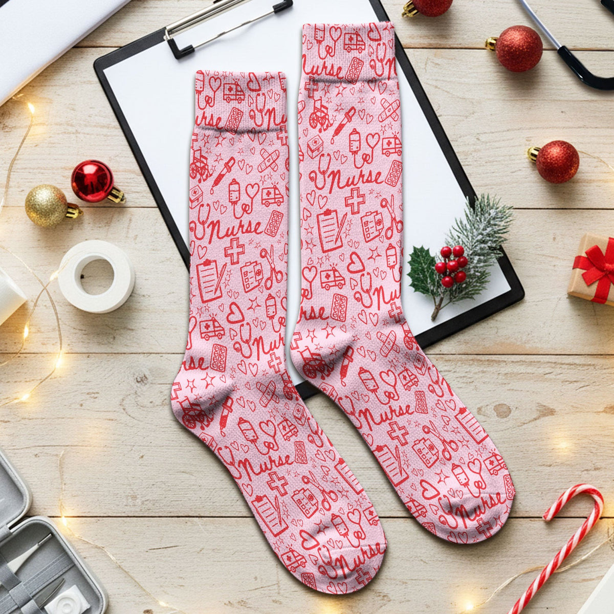 Cute Nurse Heart Medical Pattern Socks, Breathable Fabrics Medical Uniform
