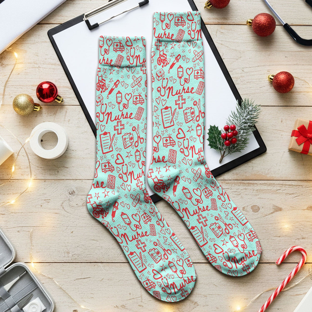 Cute Nurse Heart Medical Pattern Socks, Breathable Fabrics Medical Uniform