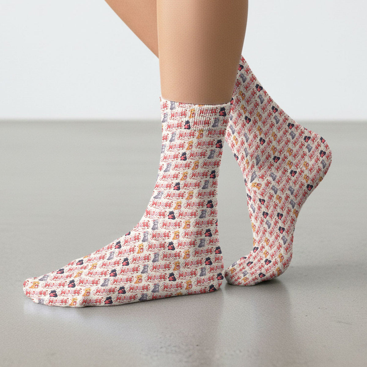 Nurse Cat Heart Pattern Valentine Socks, Socks for Nurse Doctor Adult
