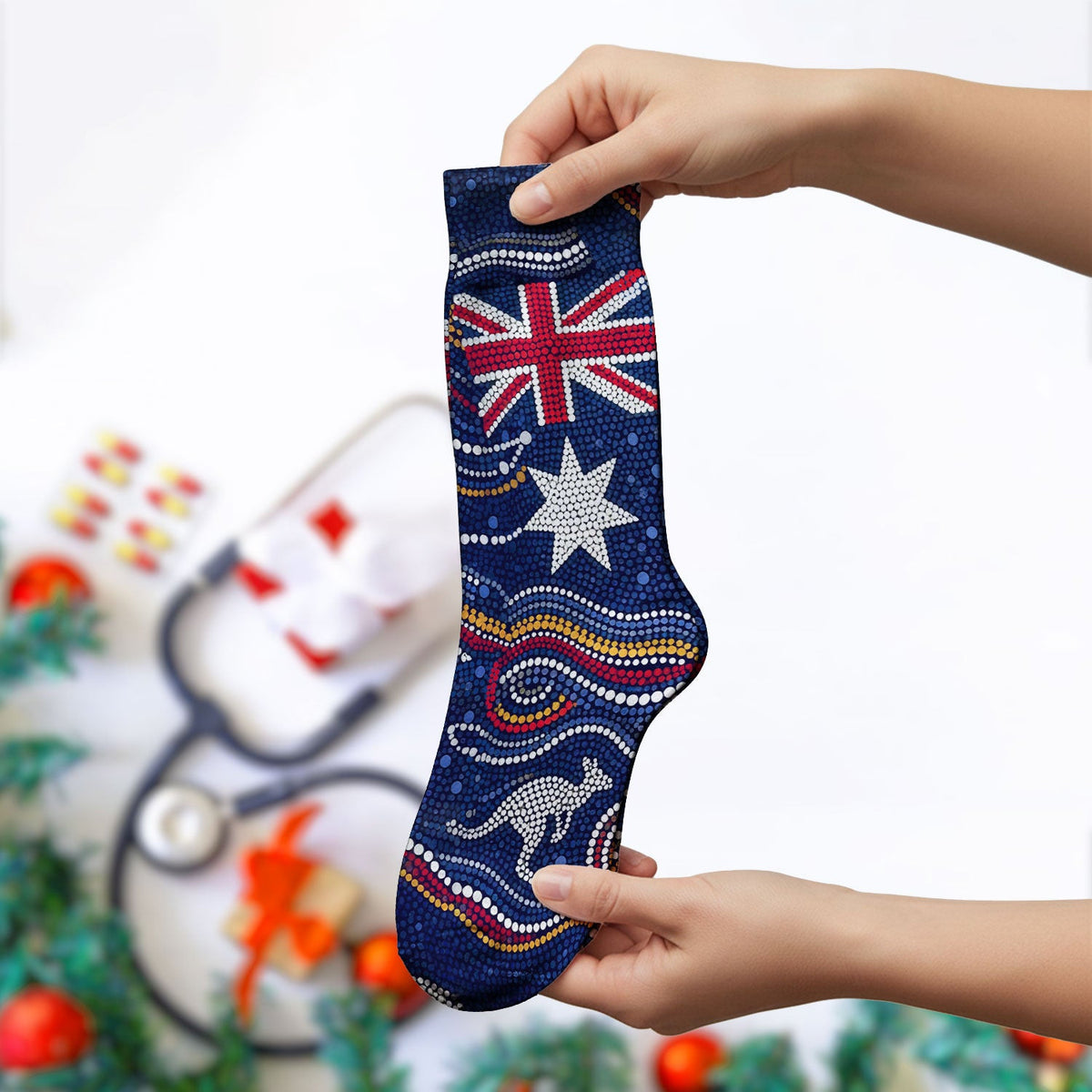 Australian Aboriginal Art Pattern Nurse Scrub Socks, Kangaroo Dot Nurses Sock For Women, Breathable Fabrics Nursing Uniform
