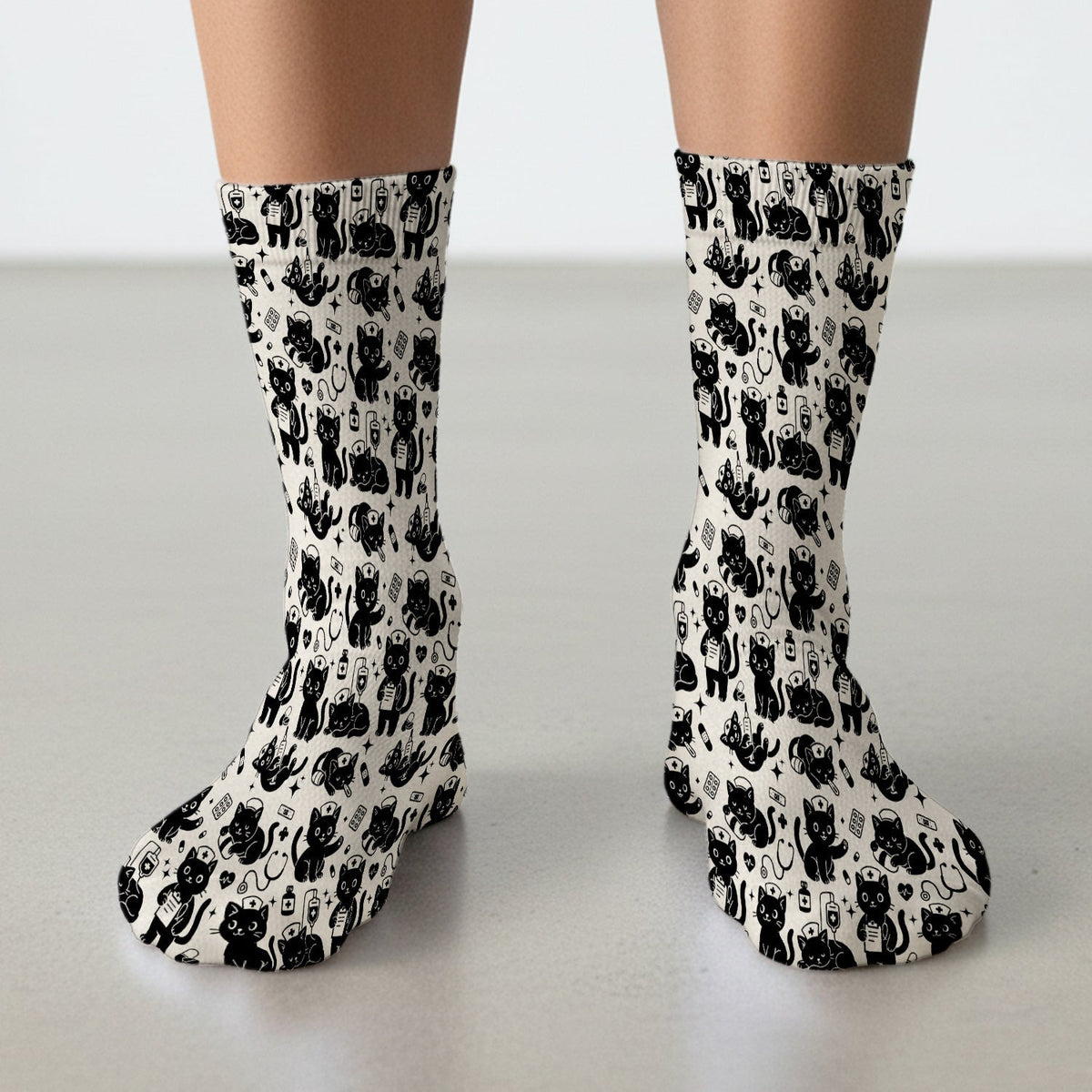 Cute Black Cat Nurse Pattern Socks, Adult Socks for Men and Women