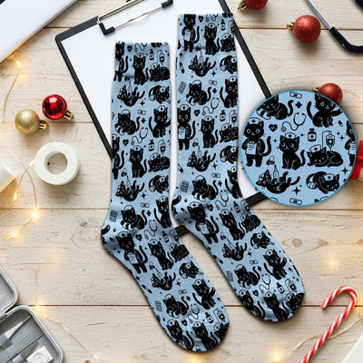 Cute Black Cat Nurse Pattern Socks, Adult Socks for Men and Women