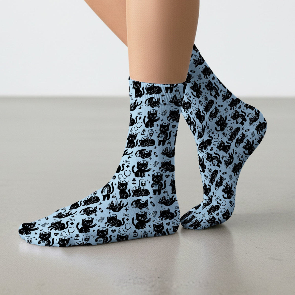 Cute Black Cat Nurse Pattern Socks, Adult Socks for Men and Women