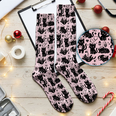 Cute Black Cat Nurse Pattern Socks, Adult Socks for Men and Women