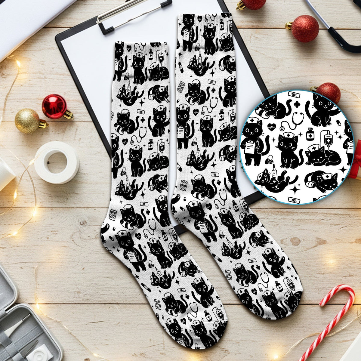 Cute Black Cat Nurse Pattern Socks, Adult Socks for Men and Women