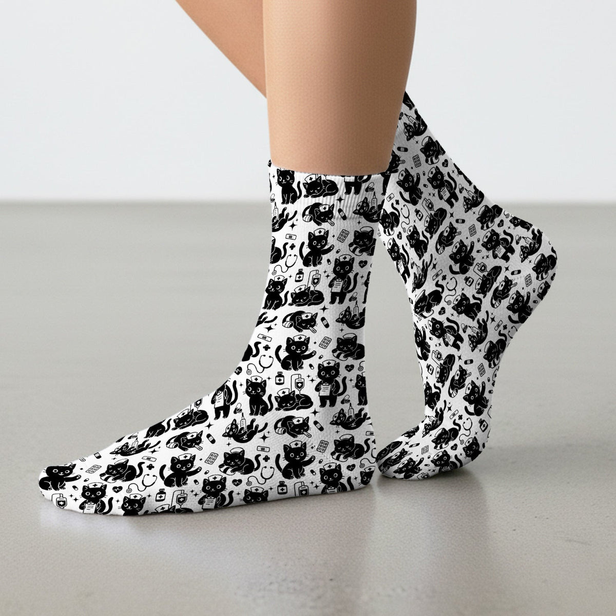 Cute Black Cat Nurse Pattern Socks, Adult Socks for Men and Women
