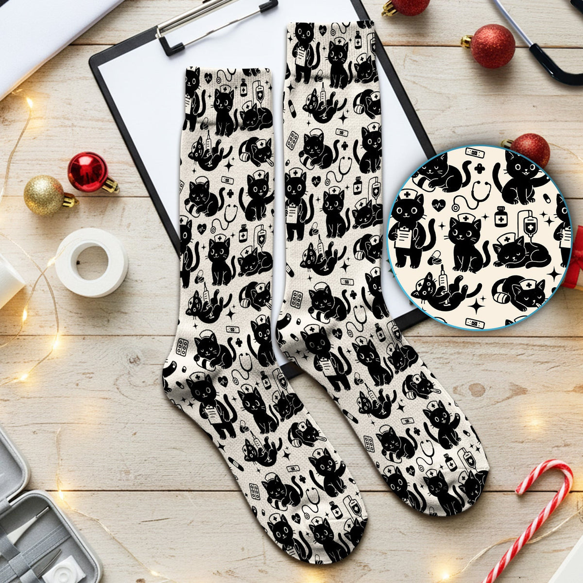 Cute Black Cat Nurse Pattern Socks, Adult Socks for Men and Women
