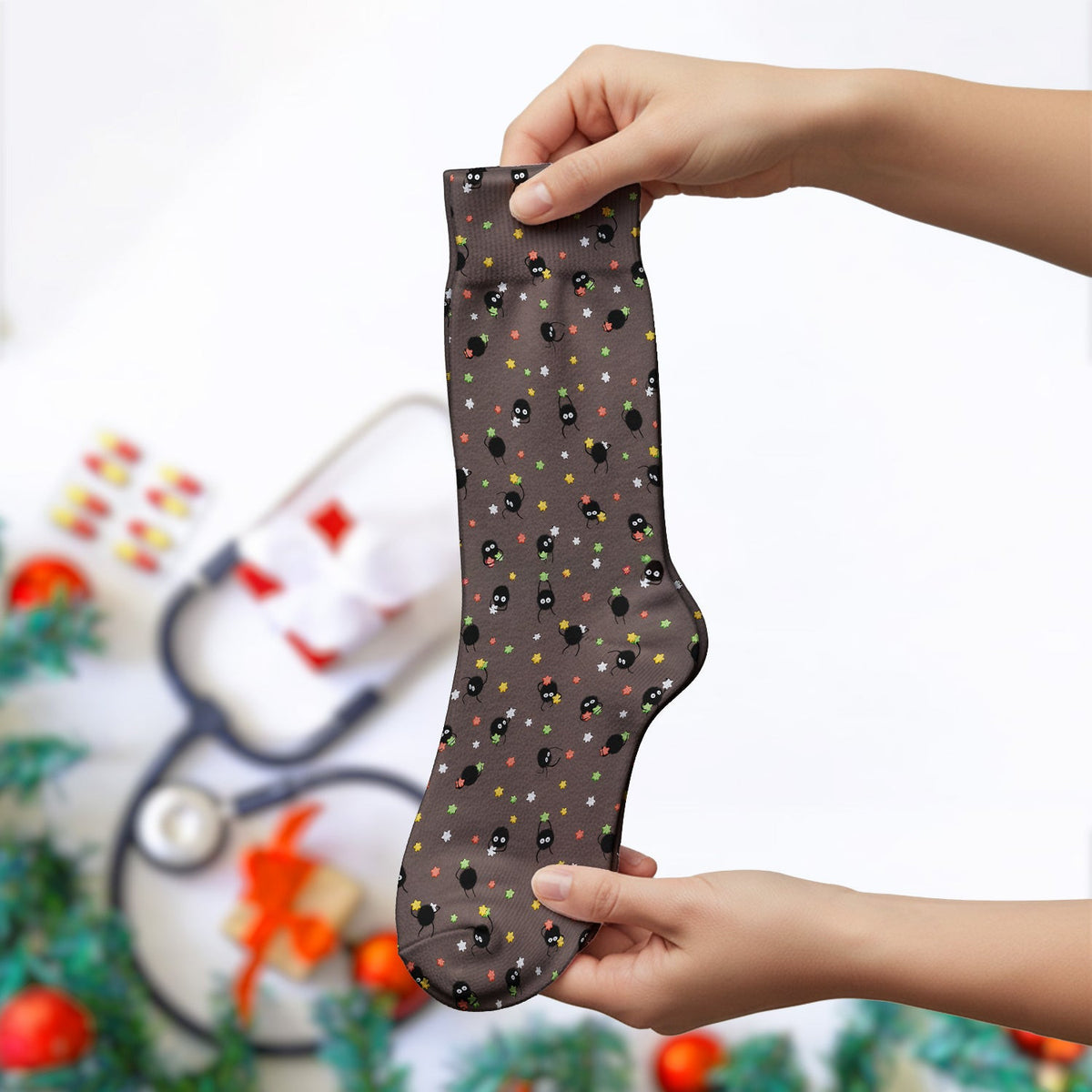 Funny Spider Pattern Pattern Pattern Scrub Socks, Cartoon Spider Pattern Nursing Uniform For Women
