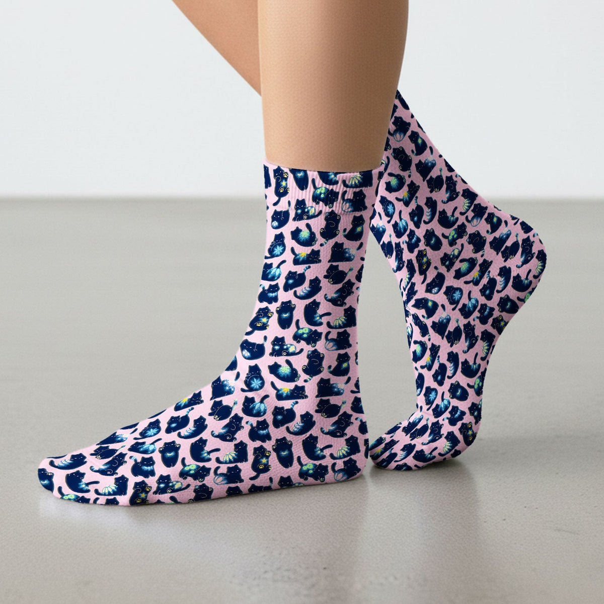Midnight Cat Scrub Socks, Black Cat Pattern Nurse Sock, Breathable Fabrics Nursing Uniform