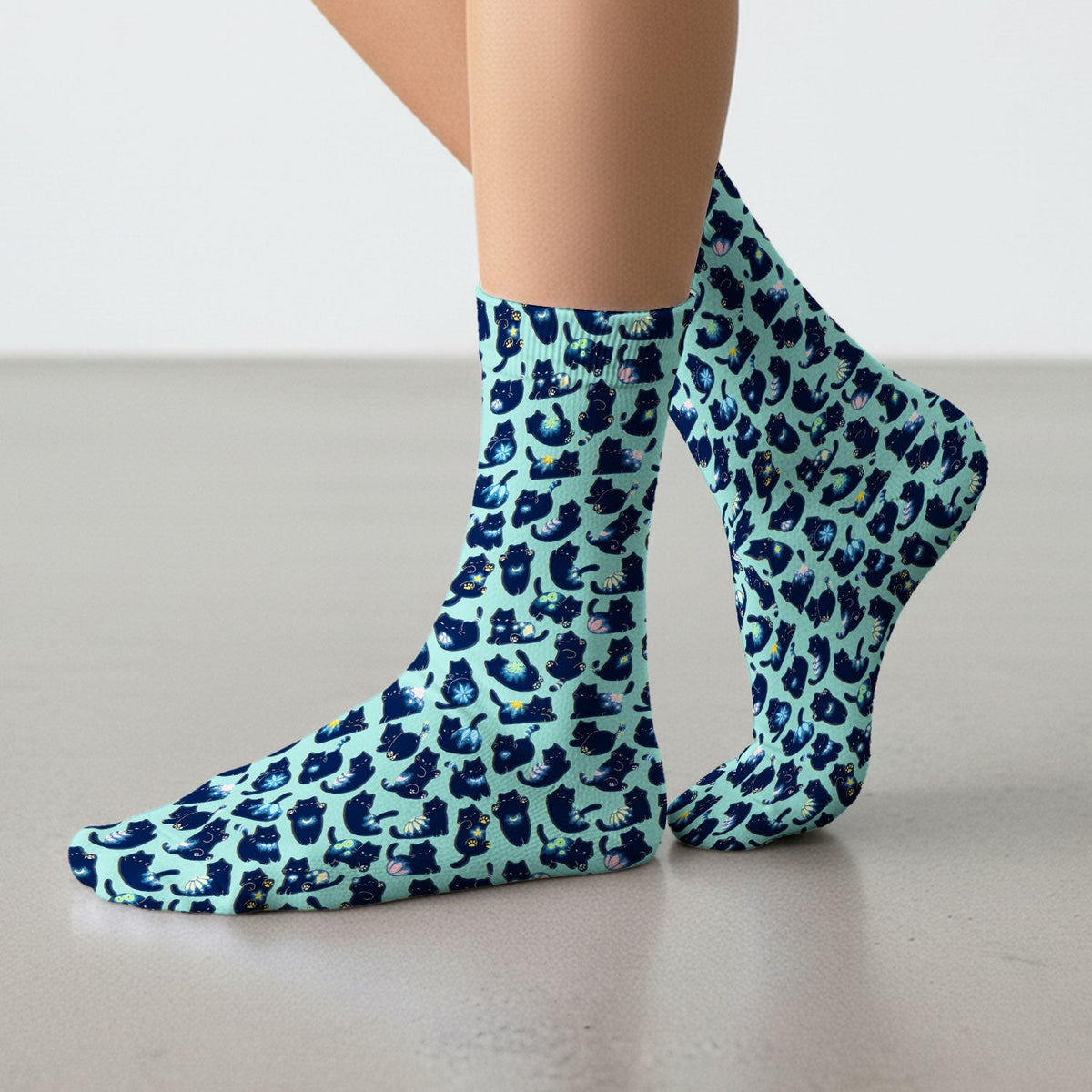 Midnight Cat Scrub Socks, Black Cat Pattern Nurse Sock, Breathable Fabrics Nursing Uniform