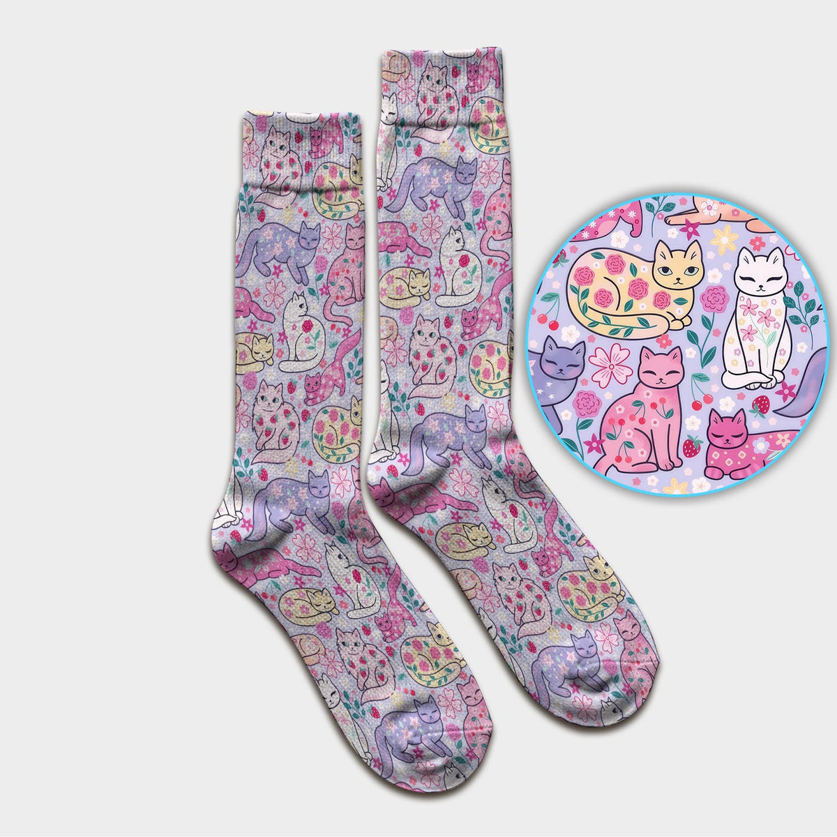 Funny Colorful Pastel Cats Floral Strawberry Print Socks, Breathable Fabrics Medical Uniform