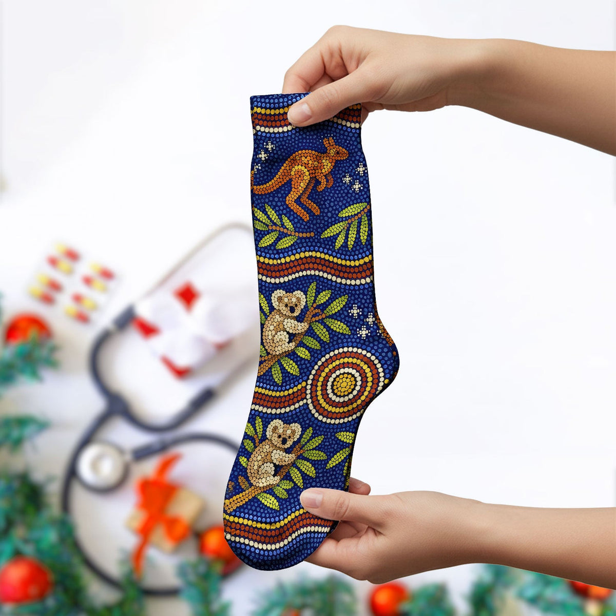 Australian Aboriginal Dot Art Scrub Socks, Kangaroo ANd Koala Pattern Nurse Sock, Breathable Fabrics Nursing Uniform