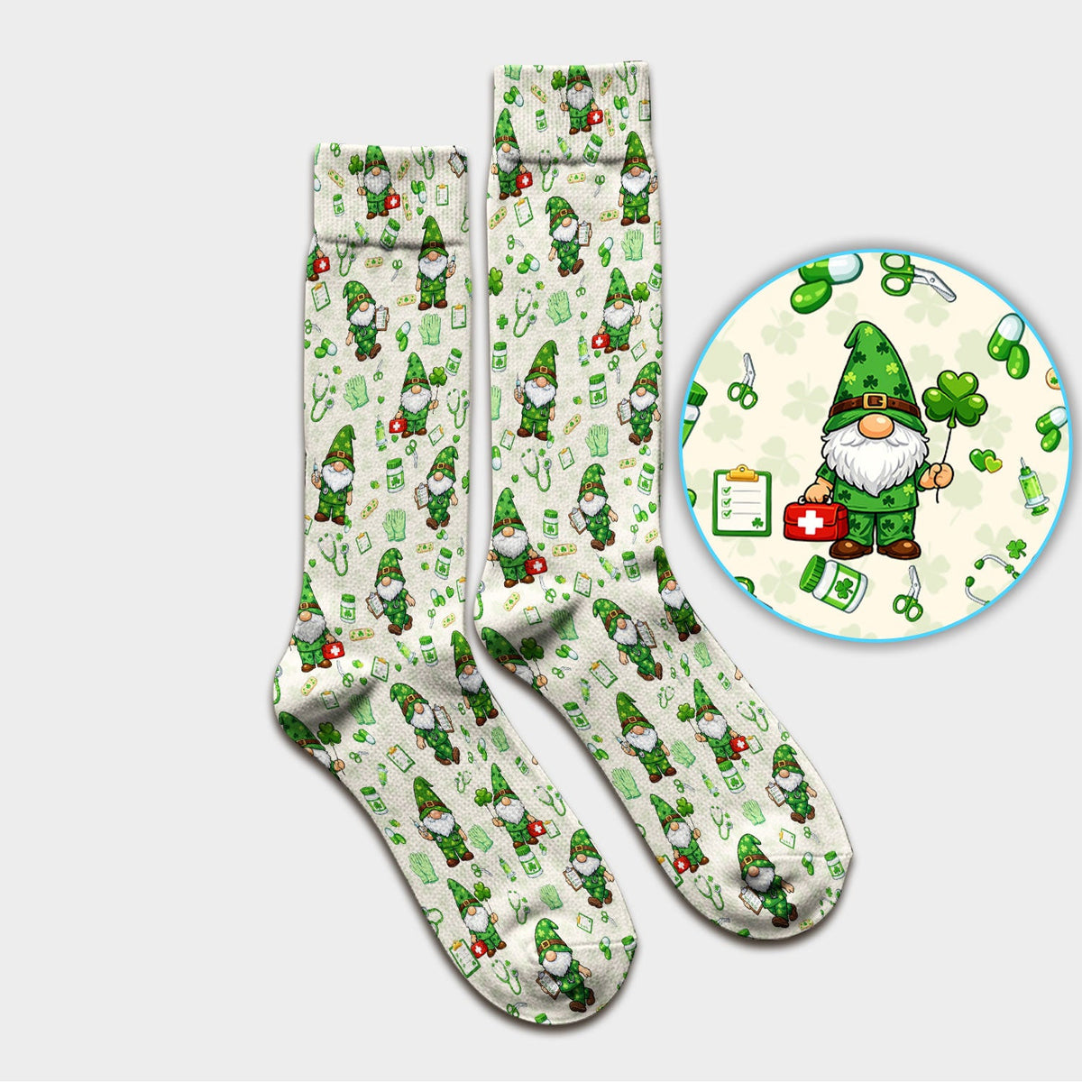St. Patrick’s Day Nurse Gnome Scrub Socks, Green Lucky Medical Pattern Nurse Sock, Breathable Fabrics Nursing Uniform