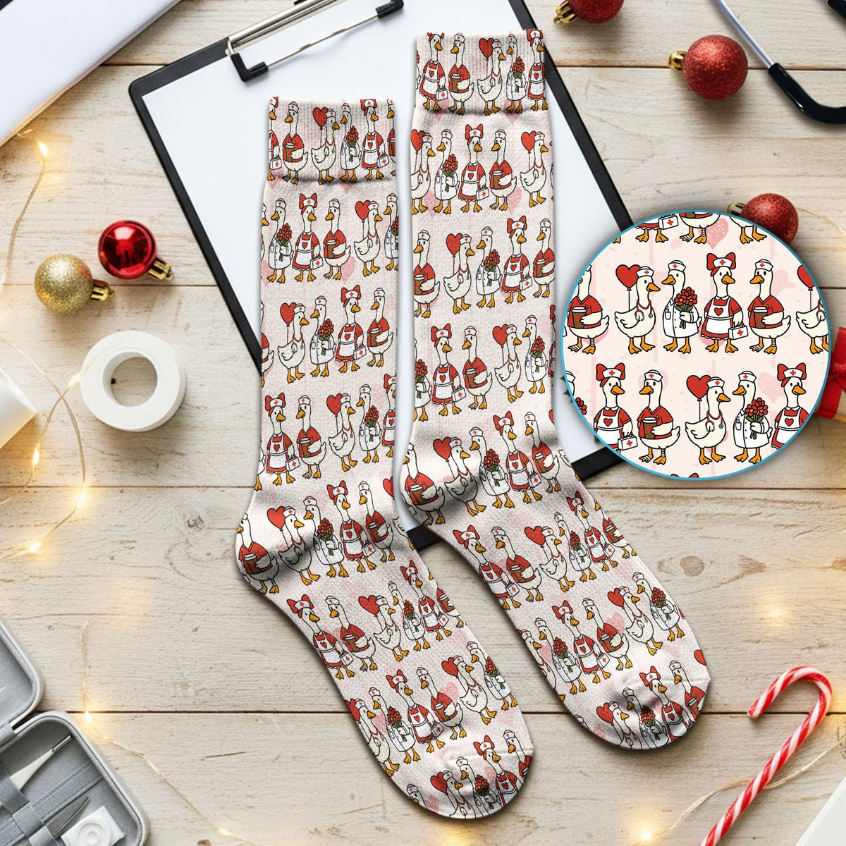 Valentine Nurse Goose with Heart Pattern Socks, Adult Socks for Men and Women