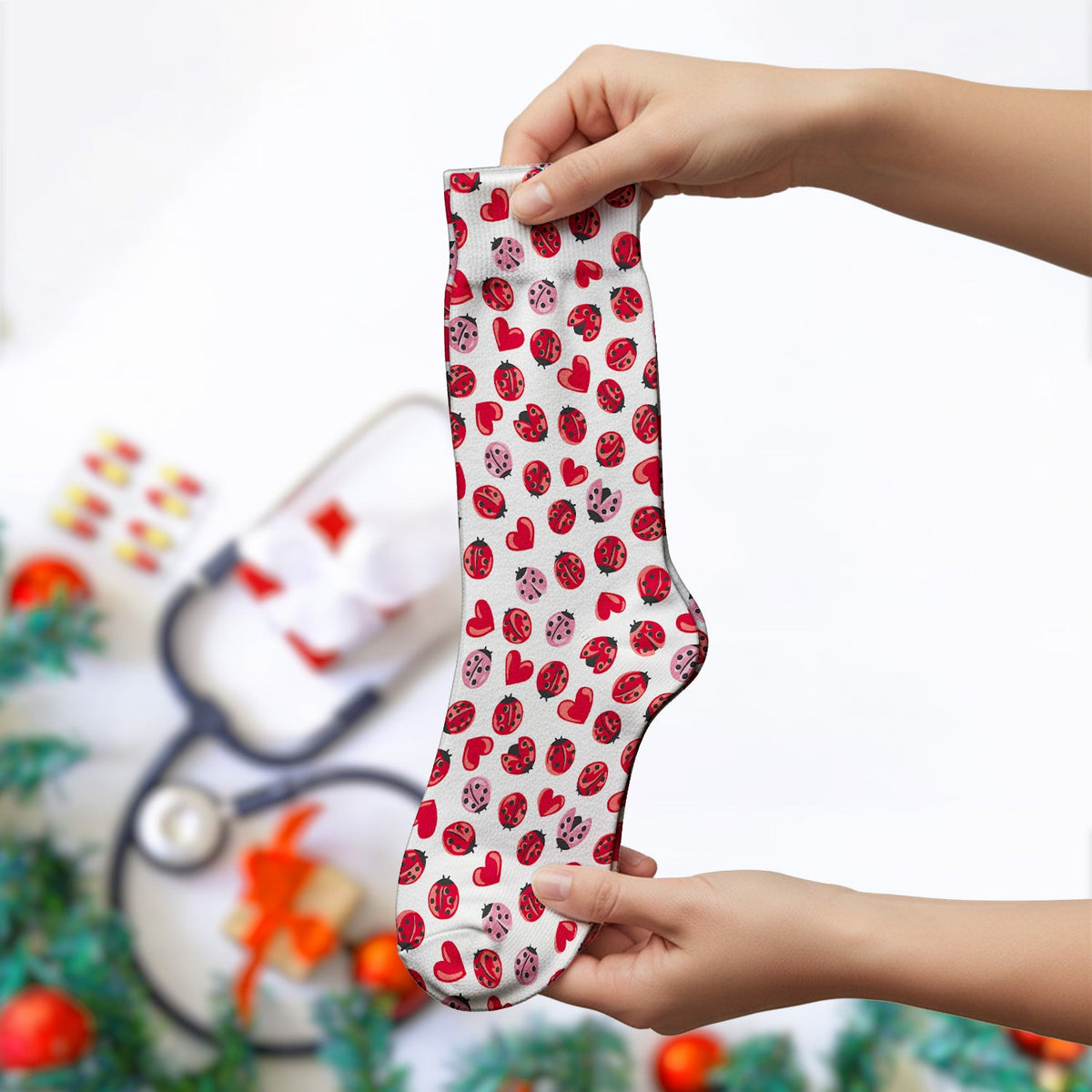 Cute Ladybug and Red Heart All Over Print Medical Socks, Socks for Nurse Doctor