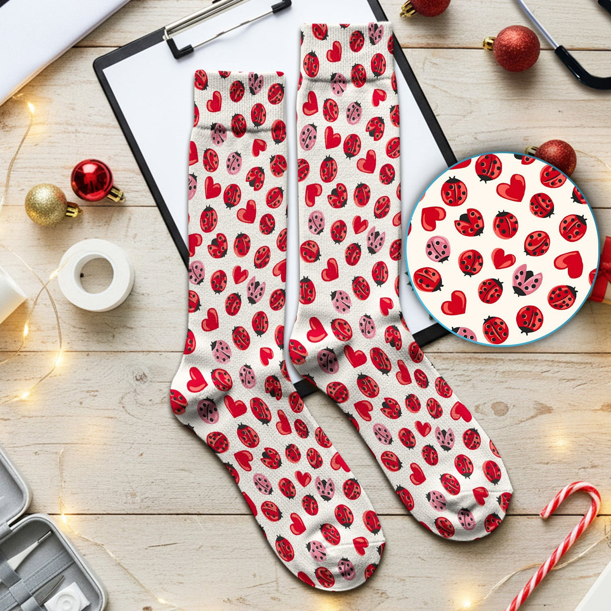 Cute Ladybug and Red Heart All Over Print Medical Socks, Socks for Nurse Doctor