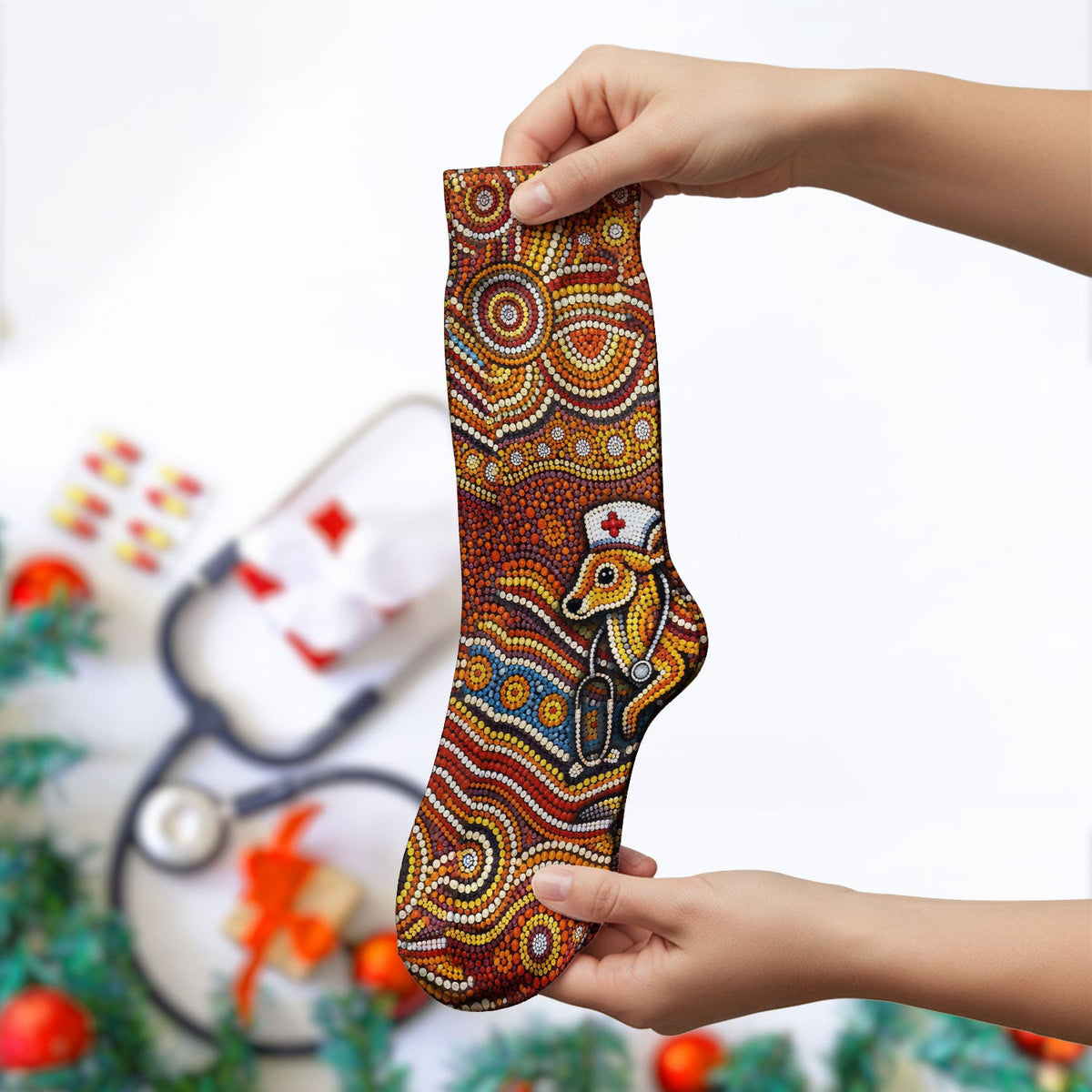 Australian Aboriginal Nurse Scrub Socks, Kangaroo Dot Art Medical Nurses Sock, Breathable Fabrics Nursing Uniform