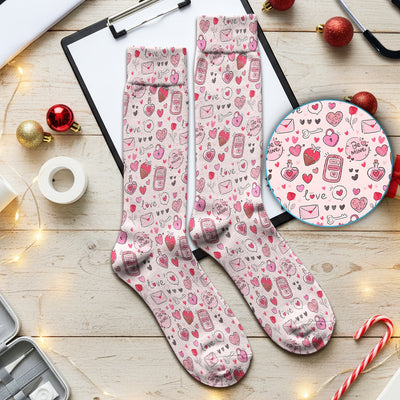 Be Mine Heart Pattern Pattern Scrub Sock, Pink Valentine Pattern Nursing Uniform For Women