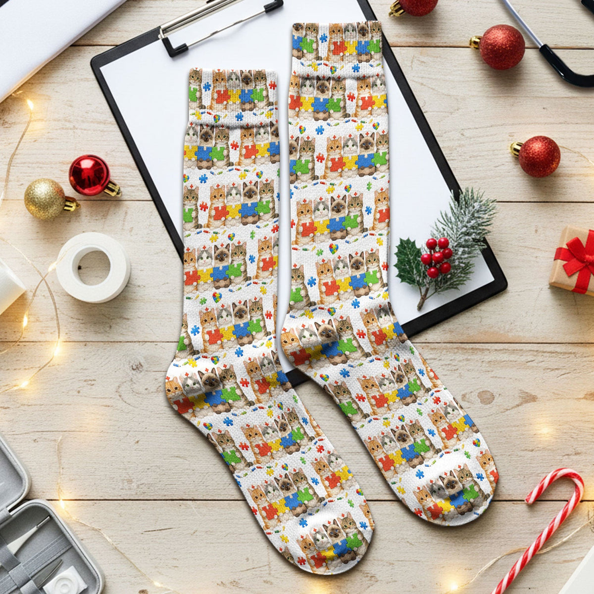 Autism Awareness Nurse Scrub Socks, Cat Autism Pattern Nurses Sock, Comfortable Uniform Scrubs For Nursing