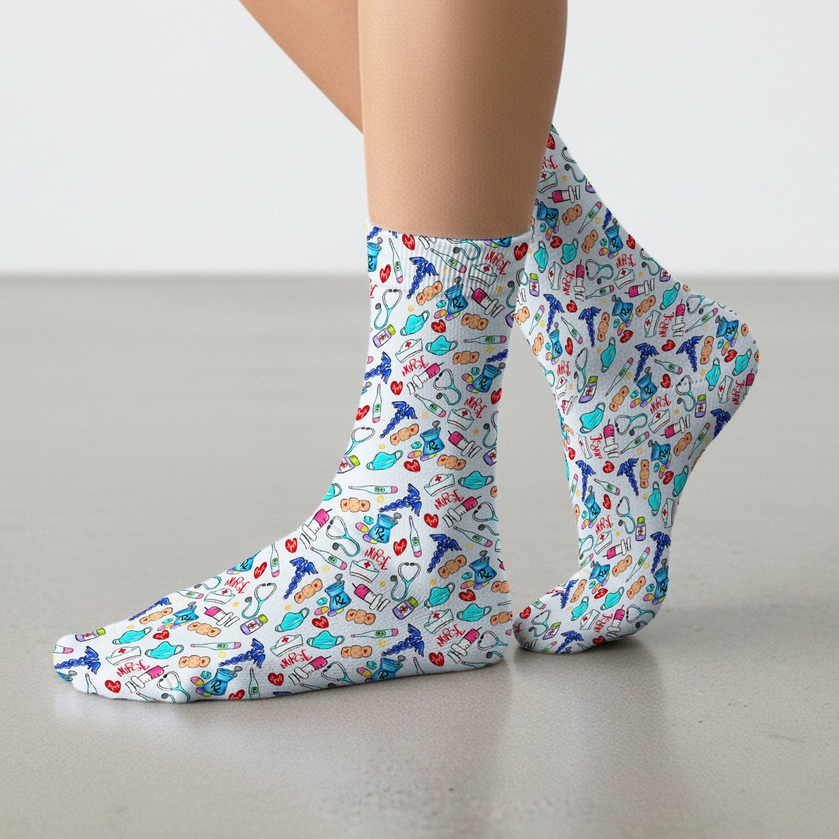 Nurse Medical Icons Stethoscope Heart Pattern Socks, Breathable Fabrics Medical Uniform