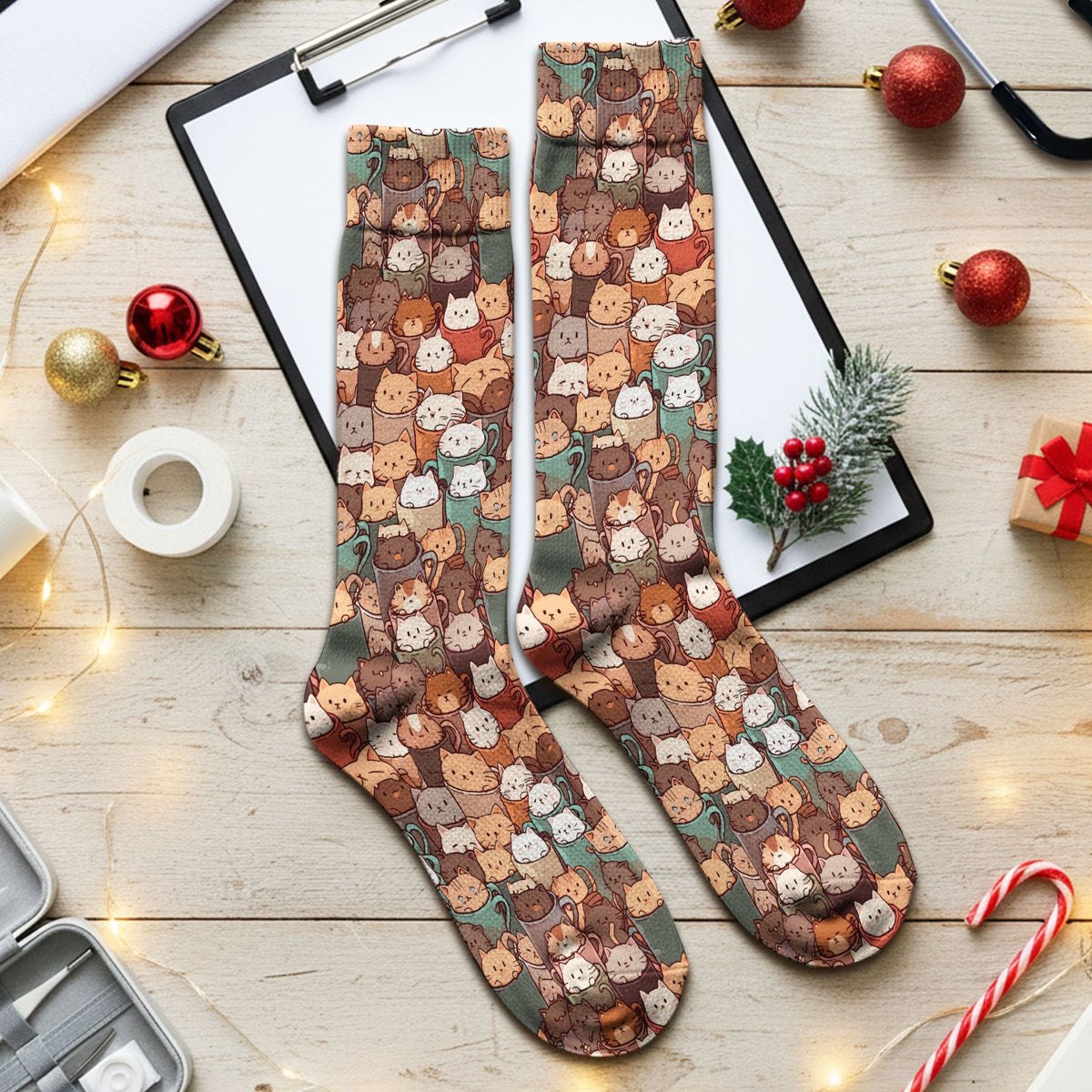 Cute Coffee Cat Scrub Socks, Cozy Kittens in Mug Pattern Nurse Sock, Breathable Fabrics Nursing Uniform