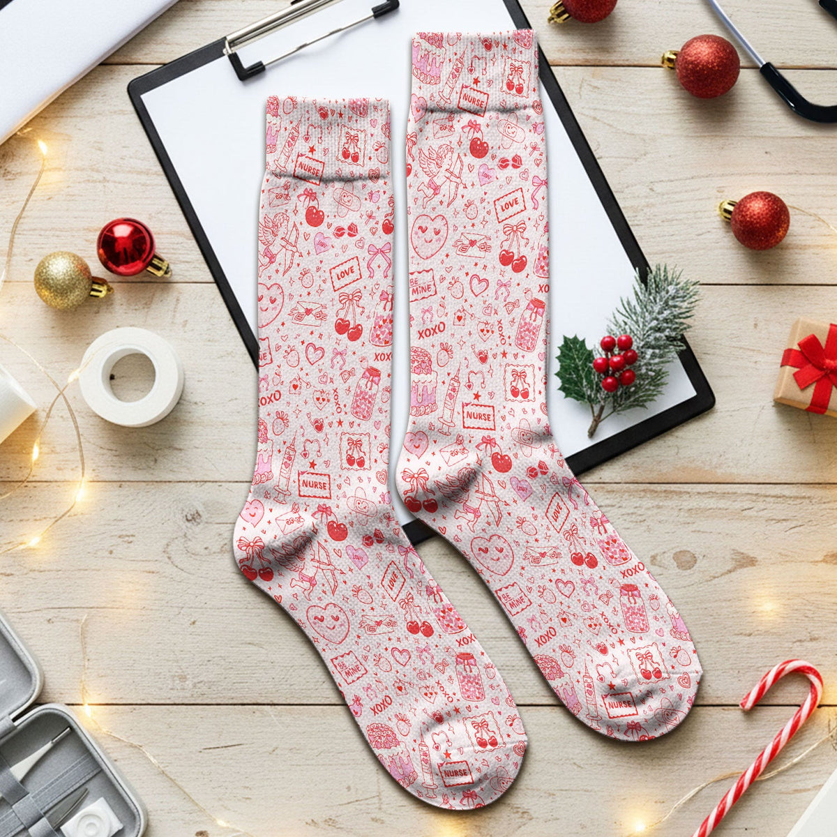 Valentine Pink XOXO Pattern Nurse Scrub Socks, Comfortable Uniform Scrubs For Nursing