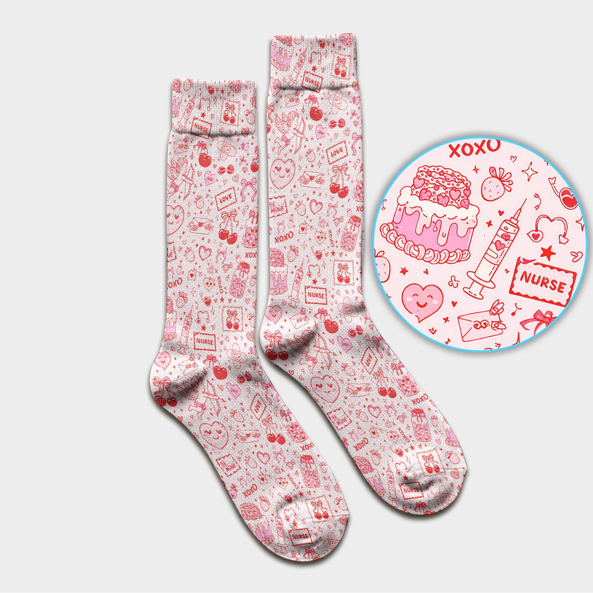 Valentine Pink XOXO Pattern Nurse Scrub Socks, Comfortable Uniform Scrubs For Nursing