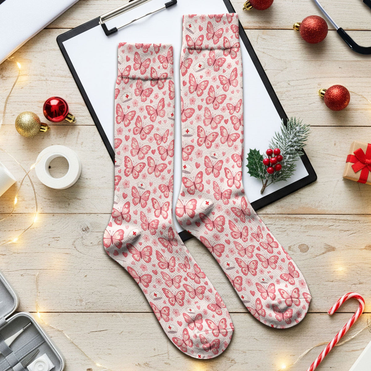 Valentine Butterfly Pattern Nurse Scrub Socks, Pink Heart Medical Sock For Women, Breathable Fabrics Nursing Uniform